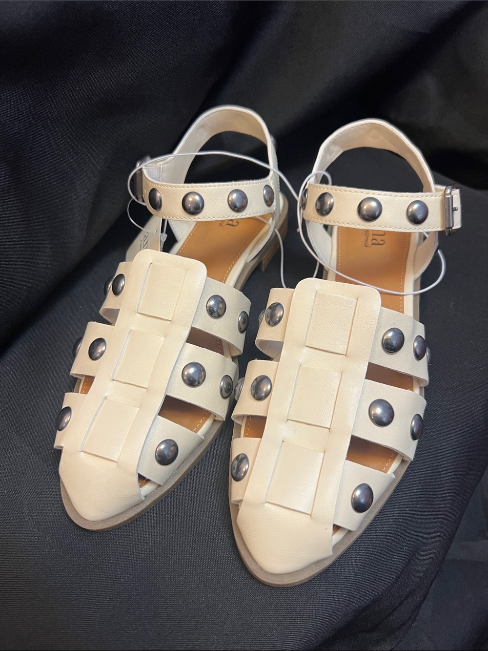ANA Woven Studded Flat Sandals in Cream - Picture 1 of 5